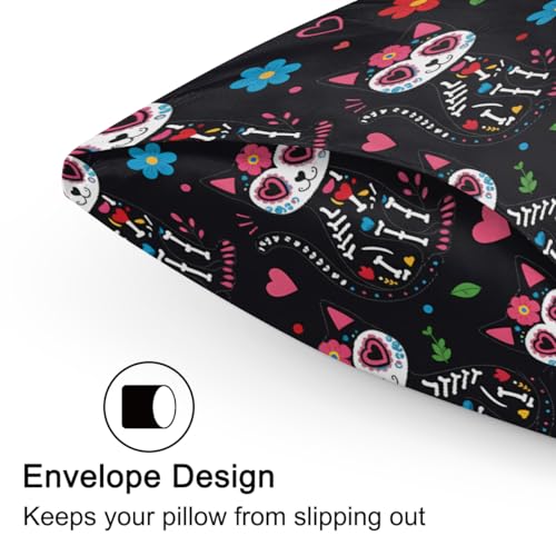 Satin Pillowcase for Hair and Skin, Standard Size Day of The Dead Cat Sugar Skull Flower Decorative Pillow Sham with Envelope Closure Pillow Cover for Bedroom Hotel - color: Sugar Cat, size: 20x26in