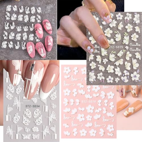 5D Embossed Flowers Nail Art Stickers for Acrylic Nails,8 Sheets Engraved Flower Butterfly Nail Decals Spring Summer Nail Art Accessories French Tips Nail Designs Self Adhesive Nail Stickers for Women - color: 8 Sheets 5d Embossed Flower Nail Stickers