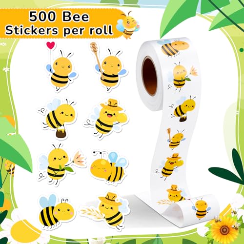 Qeeenar 500 Pcs Bee Decals Roll, Cute Animal Reward Stickers for Kids | Cute Bee Designs with Honey Motifs, Ideal for Classroom Incentives, Party Favors, Teacher Rewards, Kids Scrapbooking - style: Bee