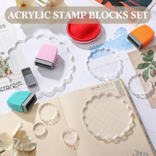 Mudder 7 Pcs Acrylic Stamp Blocks Set Clear with Grid Lines, Circular Lace - style: Circular Lace