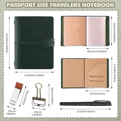 Thenshop Leather Travel Notebook 3 Inserts,Green,Passport Size | Refillable Travel Journal with Pen Holder and Clip, Passport Notebook Accessories for Organizing Notes, Handmade Diary - color: Green, size: Passport Size