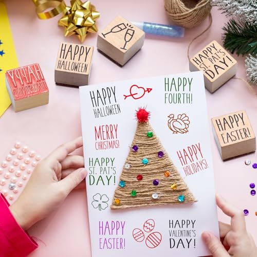 MotiMind 18 Pcs All Holiday Wood Stamps Set Wooden Rubber Holiday Stamps for Card Making Decoration and Scrapbooking Supplies