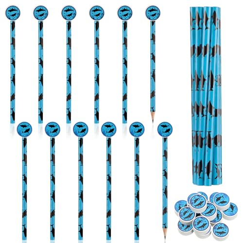 32 Pcs Summer Shark Pencil with Eraser Party Favors Gifts Shark Pen Goodie Bag Filler Under the Sea Theme Stationery Set for School Classrooms Exchange Reward Prize Home Office School Supplies - color: Blue, style: Summer Shark