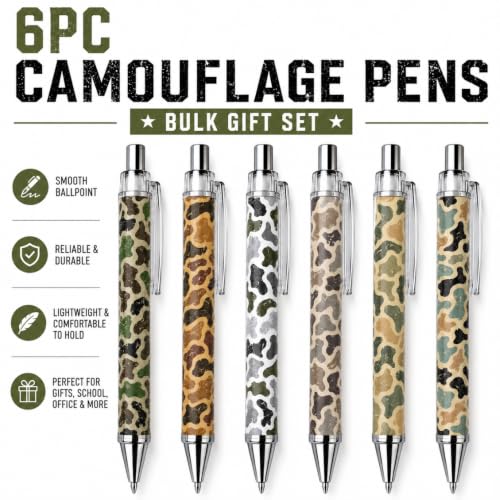 6PC Camouflage Pens Bulk Gift Set Camo Military Army Themed Retired Armies Writing Pen Office Desk Journal Planner Accessories Supplies Party Favor Bag Fillers Appreciation Gifts for Men Women Adults - style: Camouflage