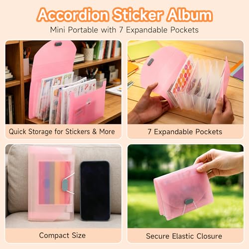 8-in-1 Sticker Organizer Binder, High‑Capacity A5 Reusable Sticker Book Collecting Binder with Storage Pages, Release Paper, Zipper Pouch, Mini Accordion Sticker Storage Album, Tweezers and Squeegee - color: Pink