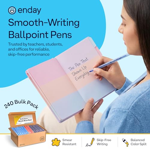 Enday Pens Ballpoint, Long Lasting Ink Pens Bulk 240 Pack (100 Black, 100 Blue & 40 Red), Smooth and Consistent Writing Pens, Medium Point (1.0mm) Flexible Round Barrel for Writing Comfort - color: Black, Blue & Red