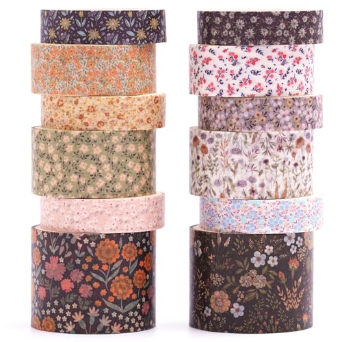 12 Rolls Flowers Washi Tape Set Floral Arts Adhesive Tapes Blooming Garden Decorative Masking Tape Sets for Craft, Kids, Scrapbook, DIY, Gift Wrapping (Flowers Blooms) - color: Flowers Blooms