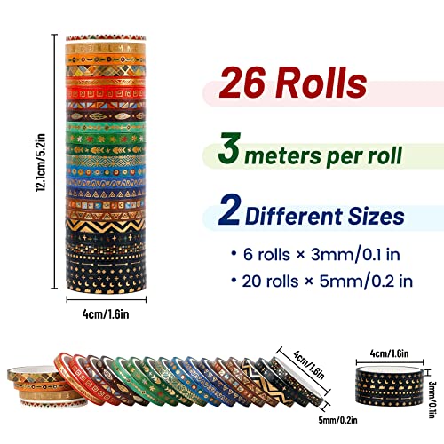 Dizdkizd Slim Washi Tape, Foil Gold Washi Tape Skinny for Planners Scrapbooks Cards Decoration, Tribal Ethnic Patterns, 3mm/5mm, 3m per Roll, A Set of 26 Rolls