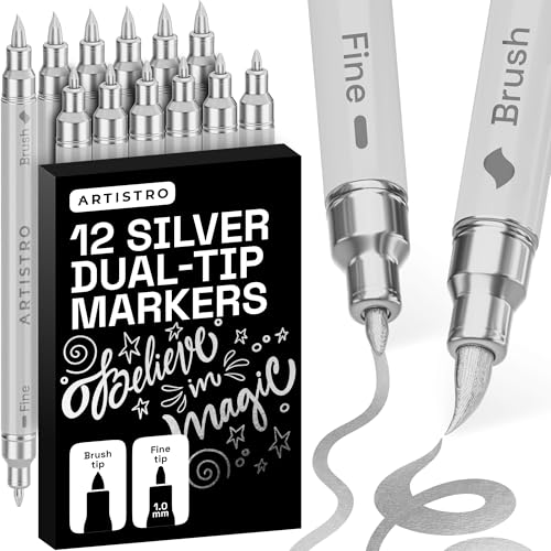 ARTISTRO 12 Silver Dual-Tip Acrylic Paint Marker Pens for Drawing - color: Silver, size: 12