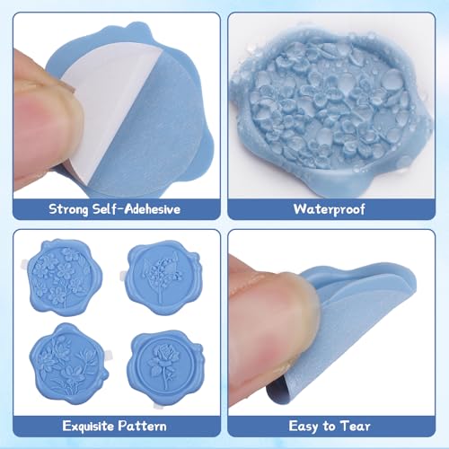 60 Pcs Wax Seal Stickers, Dusty Blue, 4 Flower Styles - color: 4 Flower Styles- Dusty Blue