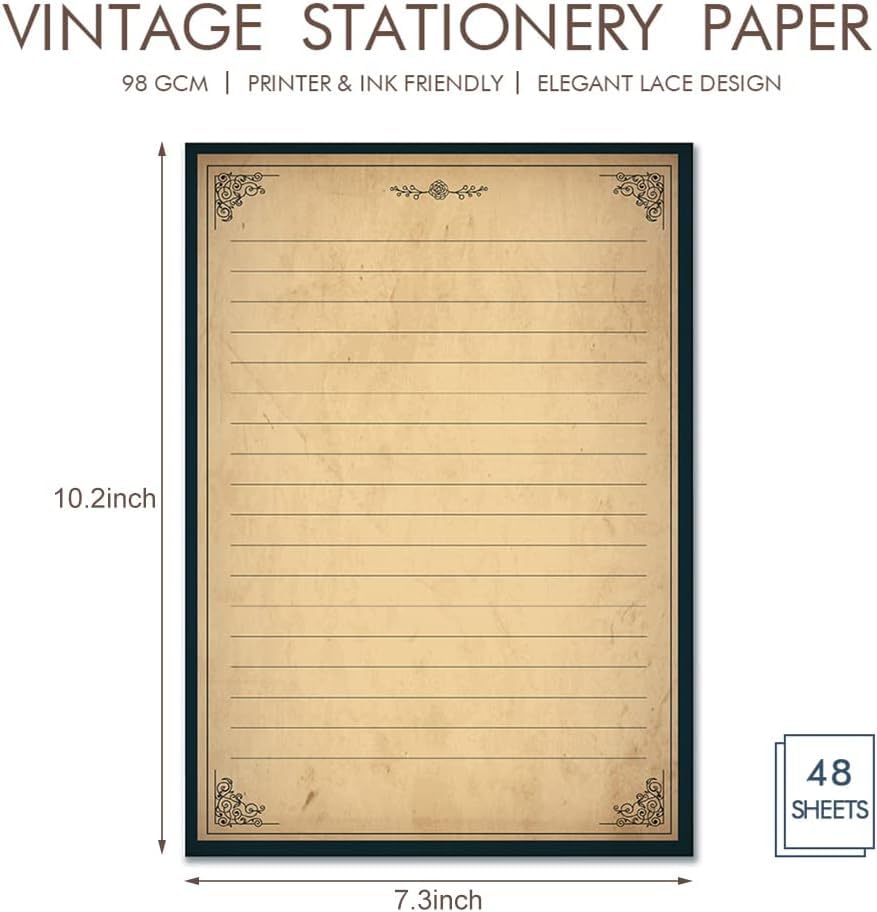 Lined Vintage Stationery Paper, Old Fashion Stationary Paper and Envelopes Set, 48 Sheets + 24 Envelopes Letter Writing Stationery Set for All Occasion, 7.3 x 10.2 Inch