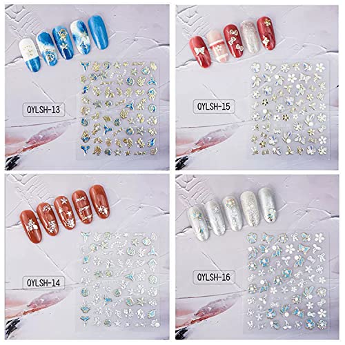 20 Sheet 5D Embossed Nail Art Stickers,Luxury Gold Silver Nail Decals Self-Adhesive Metallic Leaves Flower Butterfly French Nail Stripe Line Stickers for Women Salon Home DIY Nail Supplies - color: 20 Sheets Gold Silver Nail Stickers
