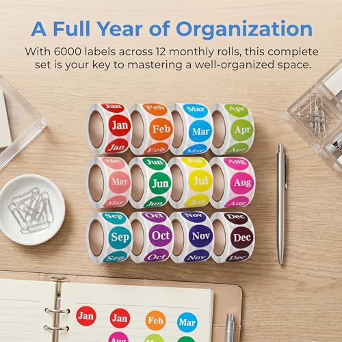 12 Rolls 6000 Labels Round Month Stickers-1 Inch Color Coded Monthly Adhesive Labels for Inventory Management and Organization, 500 Pieces Per Roll