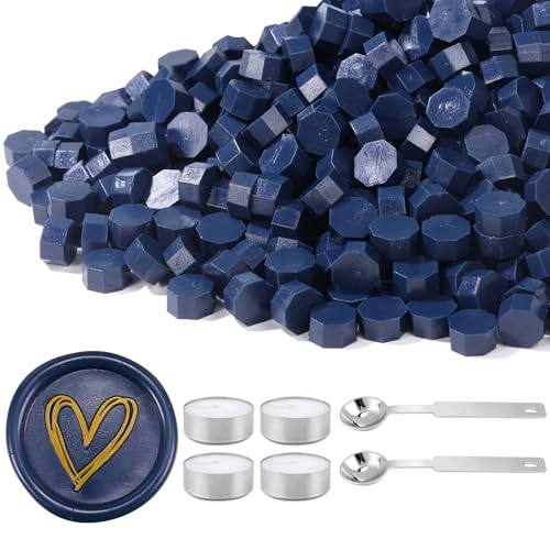Yoption 360Pcs Navy Blue Sealing Wax Beads with 2 Spoons and 4 Tea Candles for Wax Seal Stamps, Cards, Wedding Invitations, Wine Packaging, Gift Wrap, Envelopes - color: Navy Blue