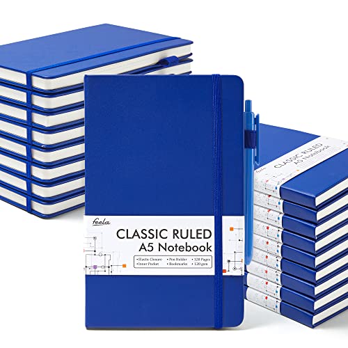 feela College Ruled Notebooks, 18 Pack Business Notebook Bulk Hardcover Lined Writing Journal with Pen Holder for Men Women Note Taking, with 18 Black Pens, 120 GSM, 5.1”x8.3”, A5, Navy - color: 18 Navy
