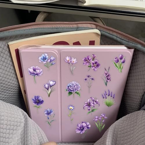 50pcs Purple Flower Transparent Stickers for Scrapbooking – Aesthetic Watercolor Floral Sticker Pack for Journaling, Resin Crafts, Laptop, Clear Botanical Decals - color: Purple Floral