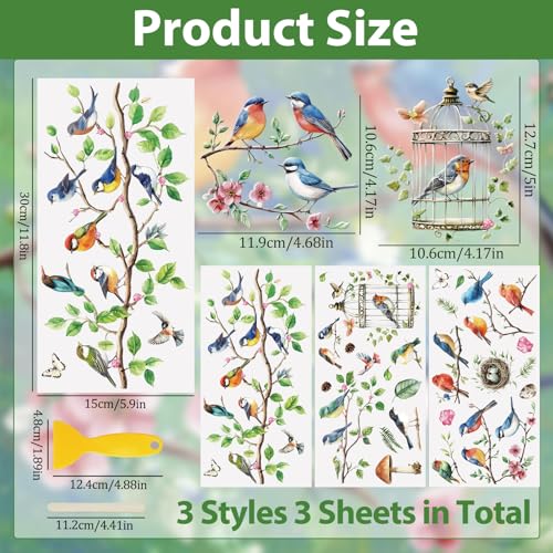WANDIC 3 Sheets Transfer Stickers for Furniture,3D UV DTF Rub on Transfer Stickers for Craft Branch Bird Cup Warp Waterproof Scrapbook Decals Decorative for Cards Glass Wood DIY Crafts,15 * 30cm - color: Branch Bird