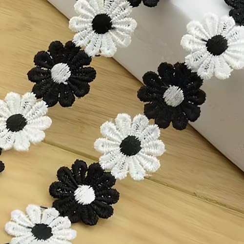 15 Yards Daisy Flower Lace Trim Embroidered Floral Lace Sewing Trim Ribbons for Embellishment Craft Dress Hair Accessories Decorations(Black/White) - color: Black+White