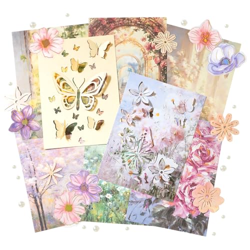 Mayplous 4 Packs Flower Lace Cutouts Decorative Paper & Sticker Set Floral Butterfly Plant Shapes Scrapbooking Die-Cut Paper Shiny Stickers for Journal Card Making Collage Craft (Sandy)