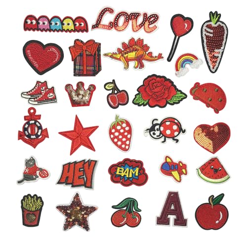 30pcs Random Assorted Styles Embroidered Patch Sew On/Iron On Patch Applique Clothes Dress Plant Hat Jeans Sewing Flowers Applique DIY Accessory (Red, Mix) - color: Red