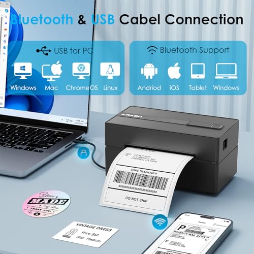 KNAON Bluetooth Thermal Shipping Label Printer 4x6 for Small Business,Black | High-Speed Thermal Label Printer, Perfect for Home, Office & Small Biz, Ideal for Etsy, Shopify, USPS,Includes 10 Test Sheets - color: Black