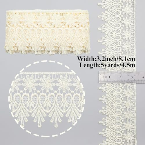 GXTIZAS Beige Lace Ribbon 3.2Inch Wide Lace Trim for Sewing | scalloped embroidery for vintage weddings, costumes, pillows, curtains, gift décor and romantic DIY creations Crafts - color: Beige