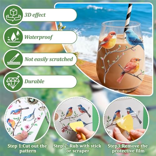 WANDIC 3 Sheets Transfer Stickers for Furniture,3D UV DTF Rub on Transfer Stickers for Craft Branch Bird Cup Warp Waterproof Scrapbook Decals Decorative for Cards Glass Wood DIY Crafts,15 * 30cm - color: Branch Bird