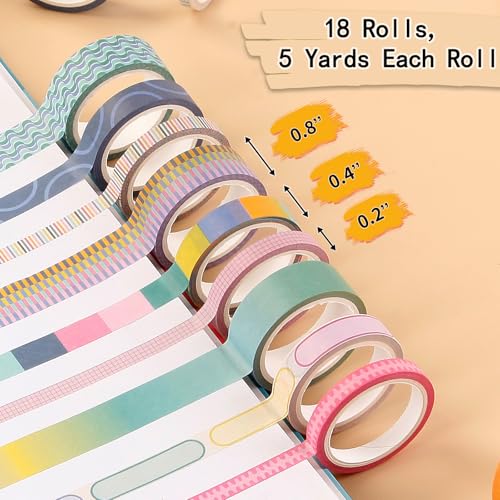 Washi Tape Set of 18 Rolls, Assorted Sizes, Decorative Tape for Journaling, Scrapbook, DIY Décor, Craft Supplies, Gift Wrapping, Color Block - color: Color Block