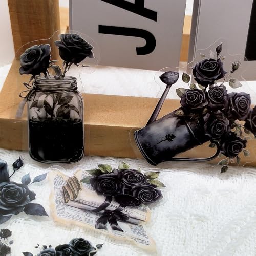 50-Piece Gothic Black Rose Stickers - Vintage Transparent Waterproof Scrapbook Stickers for Journaling, Gothic Decor, Planners - Dark Aesthetic with Floral, Book, Candle, Angel - color: Black Rose