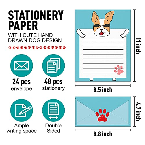 Stationery Set,Cartoon Dog Design Kawaii Stationary,Double-Sided Writing Paper With Lines,Kids Stationery Paper And Envelopes Set, 48 Cute Stationary + 24 Lovely Envelopes
