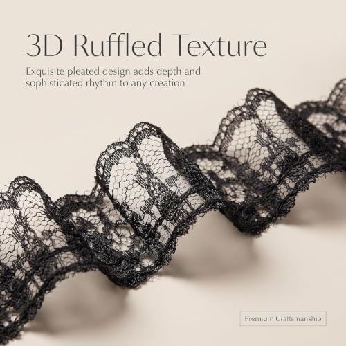 Black 10 Yard Pleated Net Lace Edge Gathered Mesh Trim Ribbon 1-2/5 inch Vintage Style Black Edging Trimmings Fabric Embroidered Applique Sewing Craft Wedding Bridal Dress Cake Card DIY Decoration