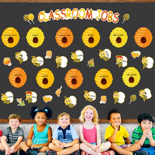 Qyeahkj Classroom Jobs Bee Bulletin Board Decorations Bee Hive Honeycomb Sunflower Paper Cutouts Summer Theme Classroom Bulletin Board for Teacher School Class Wall Door Window Decor Supplies - style: Class Job