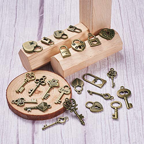 KISSITTY 48pcs/box Antique Bronze Mixed Styles Vintage Skeleton Small Key & Lock Charms Collection 7.5-17.5x14-32.5mm for DIY Jewelry Craft Making