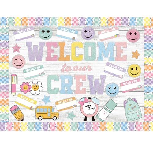 Mooliwe 94 Pcs Welcome to Our Crew Bulletin Board Set Retro Flowers Smile Face Stationery Paper Cutouts for First Day of School Classroom Wall Door Decoration(Pastel Checkered) - style: Pastel Checkered