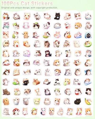 Kiddiburra100 Pcs Waterproof Cat Stickers Bulk for Girls,Kids,Adults | Cute Kawaii Japanese Kitty Sticker, Reusable Vinyl Cartoon Kitten Sticker for Water Bottle,Laptop, Cat Kitty Party Favors - size: 100Pcs(Cats)