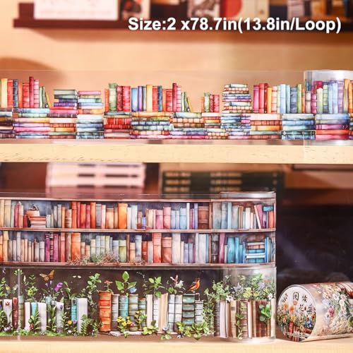 6 Rolls Book-Themed PET Tape for Scrapbook Journaling | Bookshelves, stacked books, flowers and plants in continuous designs for journals, collages and gift wrapping - style: Ocean of Books