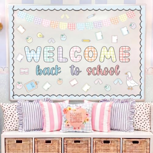 Mooliwe 94 Pcs Welcome Back to School Bulletin Board Set Stationery Apple Paper Cutouts for First Day of School Classroom Wall Door Decoration(Pastel Gingham) - style: Pastel Gingham