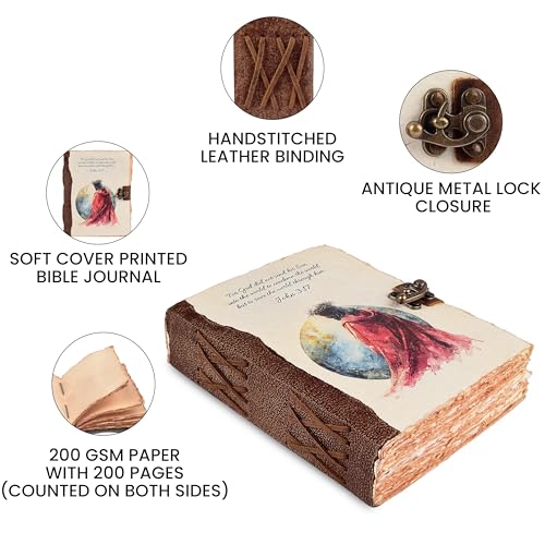 LEATHER VILLAGE Christian Journal Soft Cover Verse, Heritage Brown 8x6. | John 3:17 printed cover, 200 pages of blank deckle edge cotton paper, 8x6 in, antique lock, devotional gift journal - color: JOHN-3:17