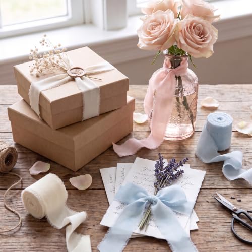 1" x 27 Yd Chiffon Silk Ribbon Set - 3 Rolls Handmade Fringe Chiffon Ribbon - color: Light Blue,Pink, Ivory