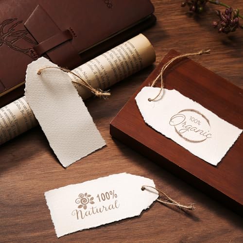 Feifeiya 50 Pack Handmade Vintage Deckle Edge Tag with String Vintage Beige | 3.75 x 1.75 In Blank Hang Gift Tags 160 GSM Cotton Paper Name Card Labels for Thanksgiving Christmas DIY Arts Crafts - color: Vintage Beige