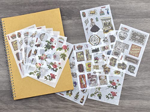 12 Sheets Vintage Washi Stickers Floral Retro Things Phonograph Old-Fashioned Camera Clock Coffee Machine Tickets Sticker for Scrapbooking Journaling Planners Journals Arts Crafts Collage Scrapbook - color: H