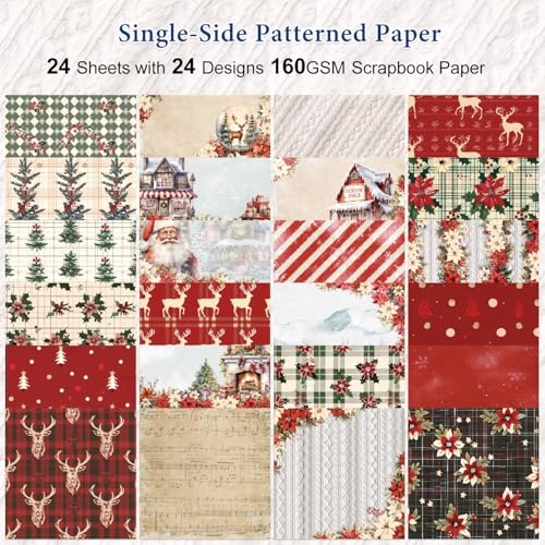 Christmas Scrapbook Paper - 24 Sheets Scrapbooking Supplies, Single-Sided Patterned Paper for Card Making, Designer Planner Journals, Background Borders, Greeting Cards 6"x 6" - color: Merry