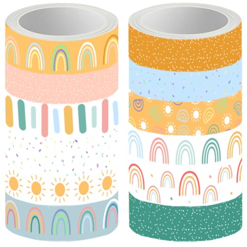 Boho Washi Tape Set 12 Rolls Back to School Cute Bohemian Rainbow Washi Tape 15mm Rainbow Sun Masking Sticker for DIY Crafts Scrapbook Journal Planner Gift Wrapping - color: Boho