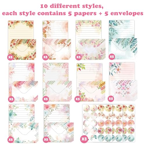 160 Pcs Stationery Paper Envelopes Set | Includes 50 Writing Paper & 50 Envelopes & 60 Stickers, Floral Letter Writing and Stationery Paper Envelopes(10Style) - color: Wildflower
