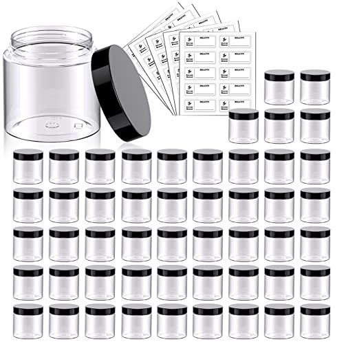 Eternal Moment 50 Pack 2 OZ Plastic Jars Clear Cosmetic Container with Lids | Round Makeup Jar for Lotion, Cream, Ointments, Eye Shadow, Rhinestone, Samples, DIY Travel Storage ( Black Lid ） - color: Black Lid, size: 2 Ounce