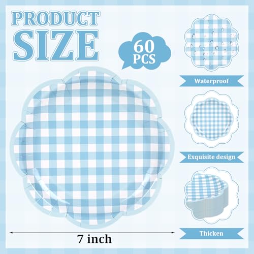JarThenaAMCS 60 Pcs Light Blue Gingham Paper Plates Blue White Plaid Scalloped Disposable Plates 7 Inch Checkered Decorative Dessert Plate for Birthday Baby Bridal Shower Party Supplies - color: Light Blue, size: 7in