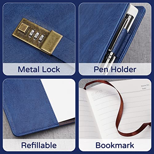 WEMATE Diary with Lock, A5 PU Leather Journal with Lock 240 Pages Blue | Vintage Lock Journal Password Notebook with Pen & Gift Box, Lock Diary Planner Organizer for Men and Women, 8.6x5.8in - color: Blue