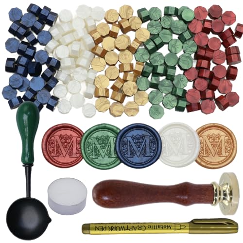 Initial Alphabet Wax Seal Stamp Kit, Retro Letter Sealing Stamp with 150Pcs Sealing Wax Beads Spoon Pen Set for Wedding Invitations Cards Envelopes (M) - style: M