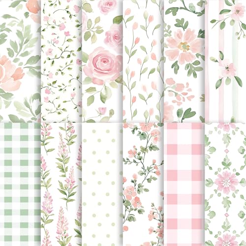24 Sheets Pastel Floral Scrapbook Paper, 12 Styles Watercolor Grandmillennial Seamless Patterns Decorative Craft Paper Folded Flat for Birthday Card Making Photo Album Decor, 11.8'' x 11.8'