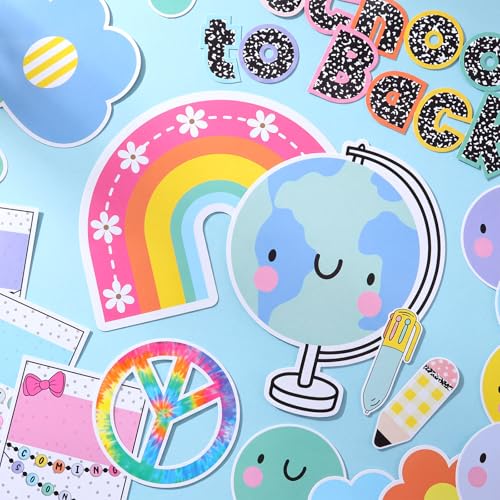 Mooliwe 94 Pcs Welcome Back to School Bulletin Board Set Retro Flowers Smile Face Paper Cutouts for First Day of School Classroom Wall Door Decoration(Groovy) - style: Boho Rainbow
